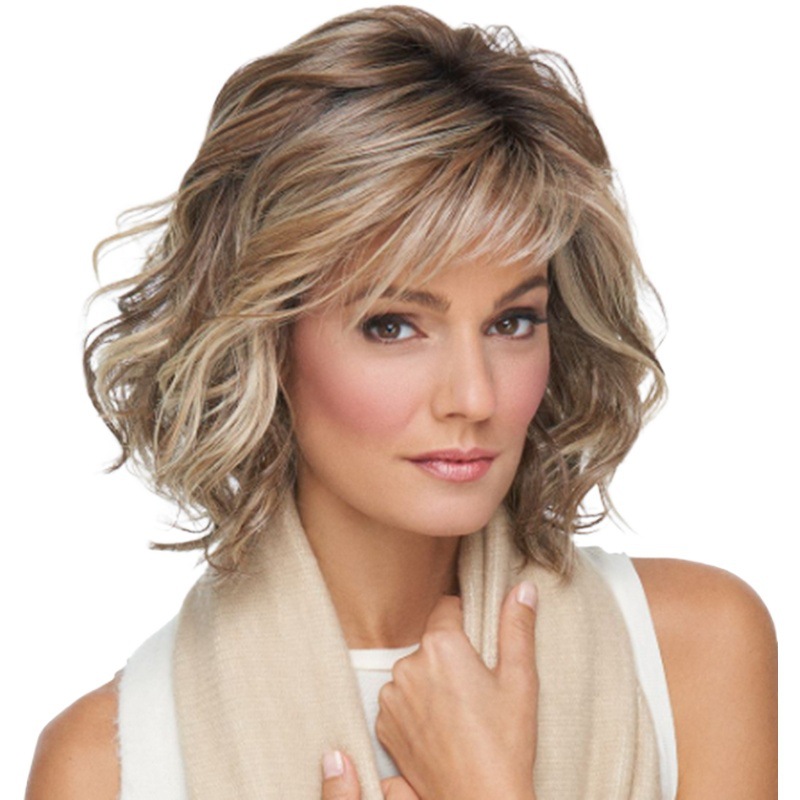 Women Light Golden Synthetic Short Wavy Hair Wigs Curly Bang Wig