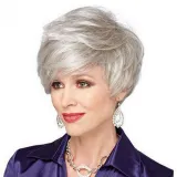 Women Synthetic Silver Pretty Short Hair Natural Wigs Fluffy Cut Full Wig