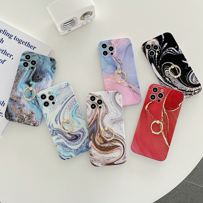 Smooth Gilding Marbling Drop Proof Phone Case for iPhone13 12 11 Pro Max with Ring Buckle Bracket