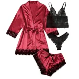 Women 4 Pieces Satin Silk Sleepwear Nightgown Lace with Lingerie Pajamas Set