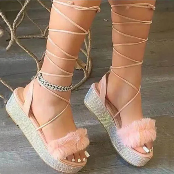 Women Plush Crystal Sequins Lace Up Flat Sandals With Thick Soles
