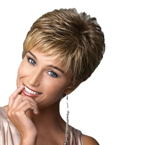 Women Synthetic Pretty Short Light Golden Fluffy Nature Hair Wigs Cut Full Wig