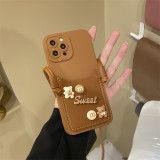 Cute Bear Card Bag Drop Proof Phone Case for iPhone13 12 11 Pro Max with Inclined Span Rope