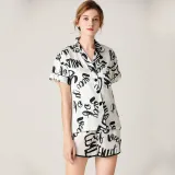 Women 2 Pieces Silk Printed Short Sleeve Shirt and Shorts Pajamas Set