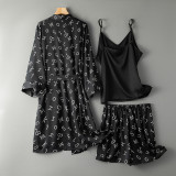 Women 3Pieces Satin Silk Black Sleepwear Robe Sling Top and Shorts Pajamas Set