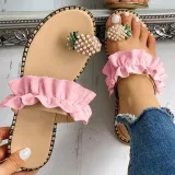 Women Rhinestone Crystal Pearls Pineapple Flip Flop Ruffles Flat Slip-on Sandals Slippers