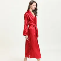Women Long Sleeve Solid Color Lace Sleepwear Surplice Maxi Dress Robe Nightgown with Belt