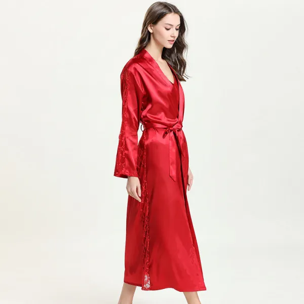 Women Long Sleeve Solid Color Lace Sleepwear Surplice Maxi Dress Robe Nightgown with Belt