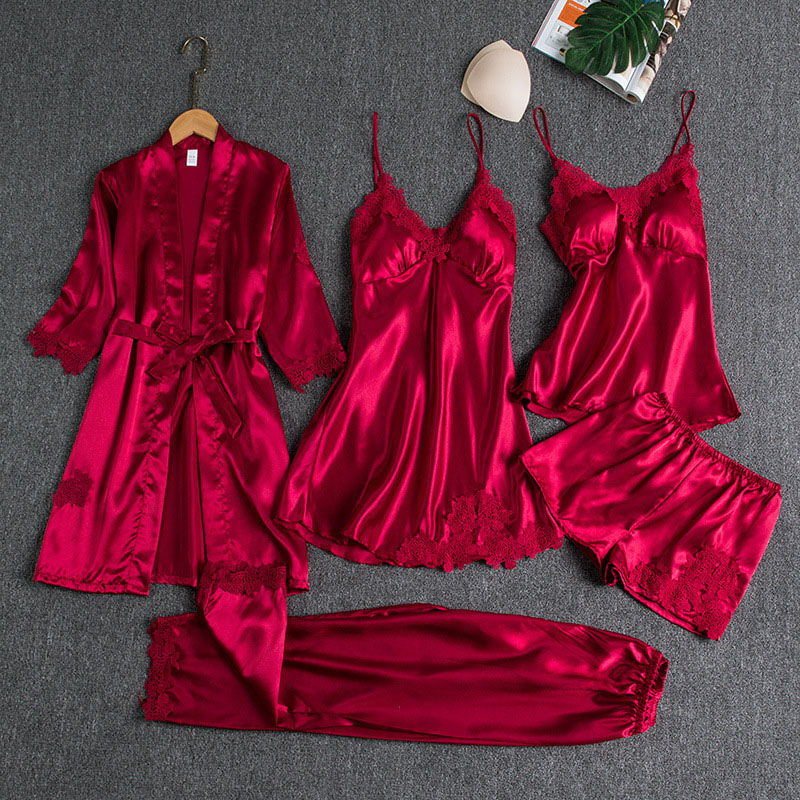 Women 5 Pieces Satin Silk Sleepwear Lace Sling Sleep Dress Tops and Nightgown Pajamas Set