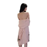 Women 2 Pieces Satin Silk Sleepwear Butterfly Printed Robe Nightgown and Backless Sleep Dress Pajamas Set