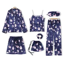 Women 7 Pieces Satin Silk Sleepwear Cami Tops and Long Sleeve Shiet with Eye Mask Pajamas Set