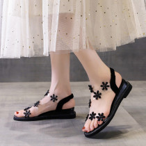 Women Transparent Strap Flower Ankle Buckle Flat Sandals
