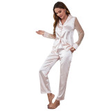 Women 2 Pieces Silk Pink Sleepwear Long Sleeve Button Lace Shirt and Pants Pajamas Set