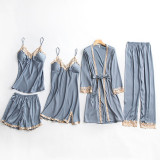 Women 5 Pieces Satin Silk Sleepwear Solid Color Robe and Sleep Dress Pajamas Set