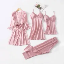 Women 4 Pieces Satin Silk Sleepwear Lace Robe Nightgown and Cami Tops Pants Pajamas Set