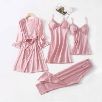 Women 4 Pieces Satin Silk Sleepwear Lace Robe Nightgown and Cami Tops Pants Pajamas Set