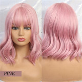 Women Pink Short Natural Wave Wigs With Neat Bang