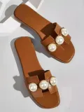 Women Lenuine Leather Pearls Block Flat Sandals Shoes