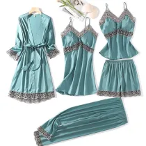 Women 5 Pieces Satin Silk Sleepwear Robe Hollow Out Dress and Pants Pajamas Set