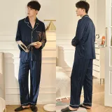 Men 2 Pieces Satin Silk Sleepwear Long Sleeve Shirt and Pants Pajamas Set