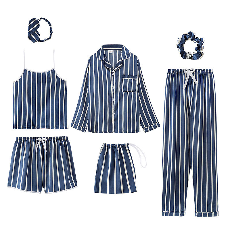 Women 7 Pieces Satin Silk Sleepwear Long Sleeve StripeD Shirt and Pants with Eye Mask and Headband Pajamas Set