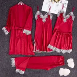 Women 5 Pieces Satin Silk Sleepwear Sling Sleep Dress and Robe Pajamas Set