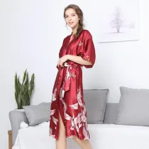 Women Satin Silk Sleepwear Swan Printed Short Sleeve Maxi Robe Dress Nightgown Pajamas