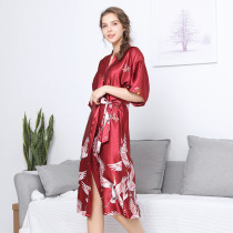 Women Satin Silk Sleepwear Swan Printed Short Sleeve Maxi Robe Dress Nightgown Pajamas