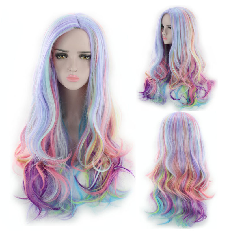 Women Synthetic Rainbow Ice Cream Cosplay Long Wavy Hair Wigs Middle Parting Curly Wig