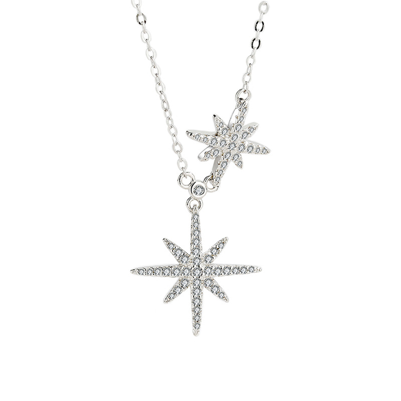 Sterling Silver Eight Pointed Star Zirconia Diamonds Pendant Necklace