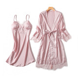 Women 2 Pieces Satin Silk Sleep Dress Sling Lace Dress and Robe Pajamas Set