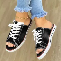 Women Canvas Denim Lace Up Flat Shoes Slippers