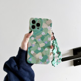 Green Oil Painting Flowers Drop Proof Phone Case for iPhone13 12 11 Pro Max with Flowers Bracelet