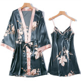 Women 2 Pieces Satin Silk Sleepwear Long Sleeve Robe Nightgown and Sling Sleep Dress Pajamas Set
