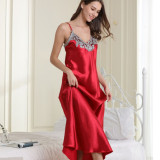 Women Sling Sleeveless Lace V-Neck Sleepwear Solid Color Silk Maxi Dress Pajamas