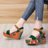Women Flower Print Ankle Strap Platform Wedge Sandals