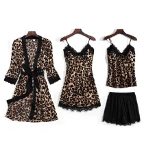 Women 2 Pieces Satin Silk Sleepwear Leopard Print Robe Nightgown and Sling Lace Mini Dress Pajamas Set