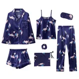 Women 7 Pieces Satin Silk Sleepwear Floral Printed Long Sleeve Shirt Sling Top and Pants Pajamas Set