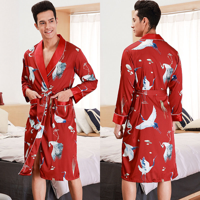 Men Satin Silk Sleepwear Long Sleeve Printed Robe Nightgown Pajamas