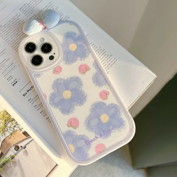 Cute Bowknot Printed Honey Peach Flower Phone Case for iphone13 12 11 Pro Max