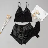 Women 3 Pieces Satin Silk Sleepwear Lace Sling Top Shorts and Lingerie Pajamas Set