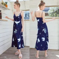 Women Satin Silk Sling Maxi Printed Sleep Dress