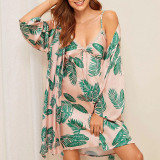 Women 4 Pieces Satin Silk Sleepwear Palm Print Robe Nightgown and V-Neck Sling Dress Pajamas Set
