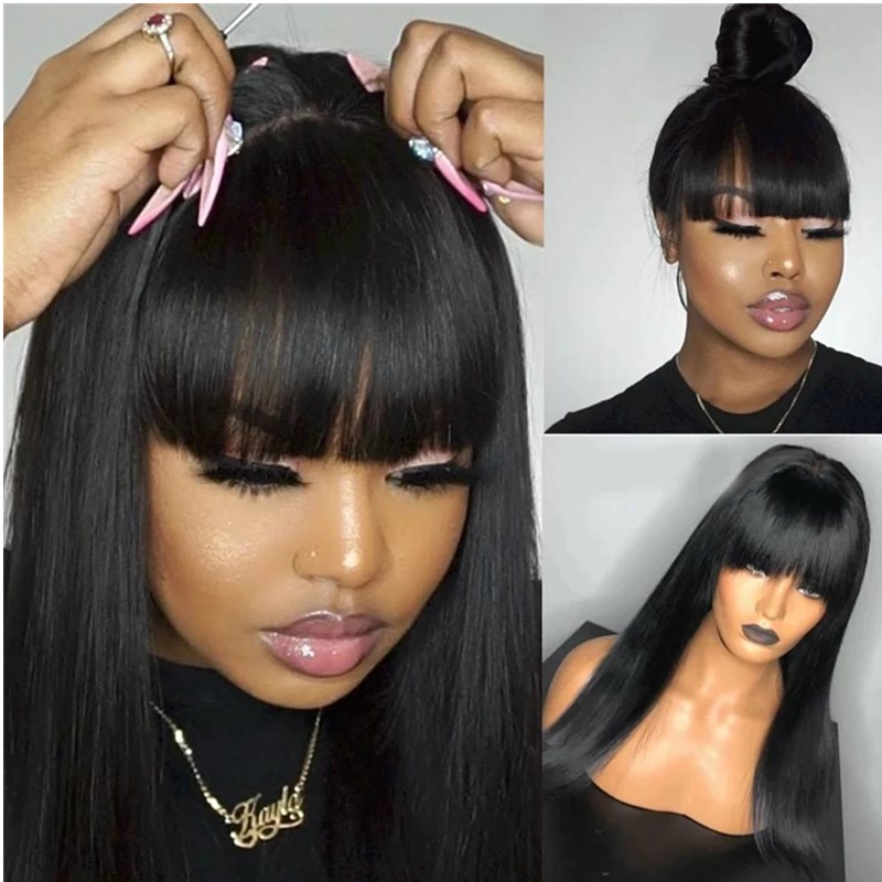 Women Black Straight Wig With Neat Bang