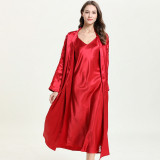 Women 2 Pieces Nightgown Silk Sling Sleeveless Lace V-Neck Midi Dress and Robe Pajamas Set