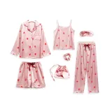 Women 7 Pieces Satin Silk Sleepwear Long Sleeve Shirt and Pants with Eye Mask and Headband Pajamas Set