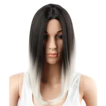Women Synthetic Gradient Granny Grey Medium Long Straight Hair Wigs Middle Parting Wig