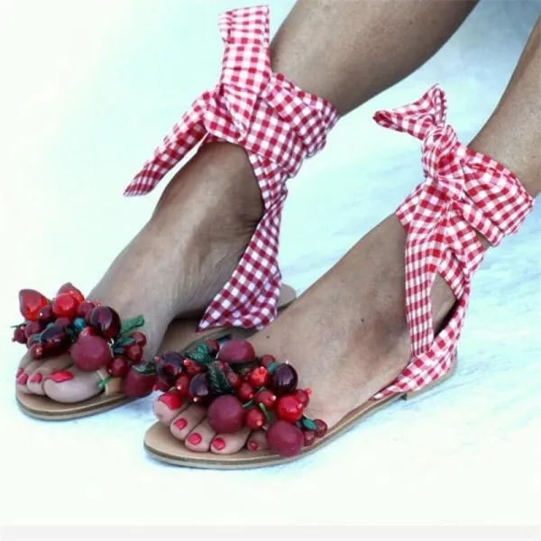 Women Flat Shoes Bohemian Gladiator Roman Floral Lace Straps Sandals