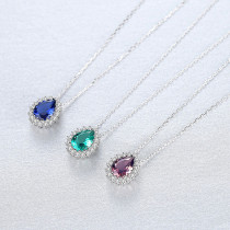 Sterling Silver Zirconia Pear Cut Sapphire Pendant Necklace
