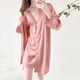Women 2 Pieces Satin Silk Sleepwear Sling Lace Dress and Robe Pajamas Set